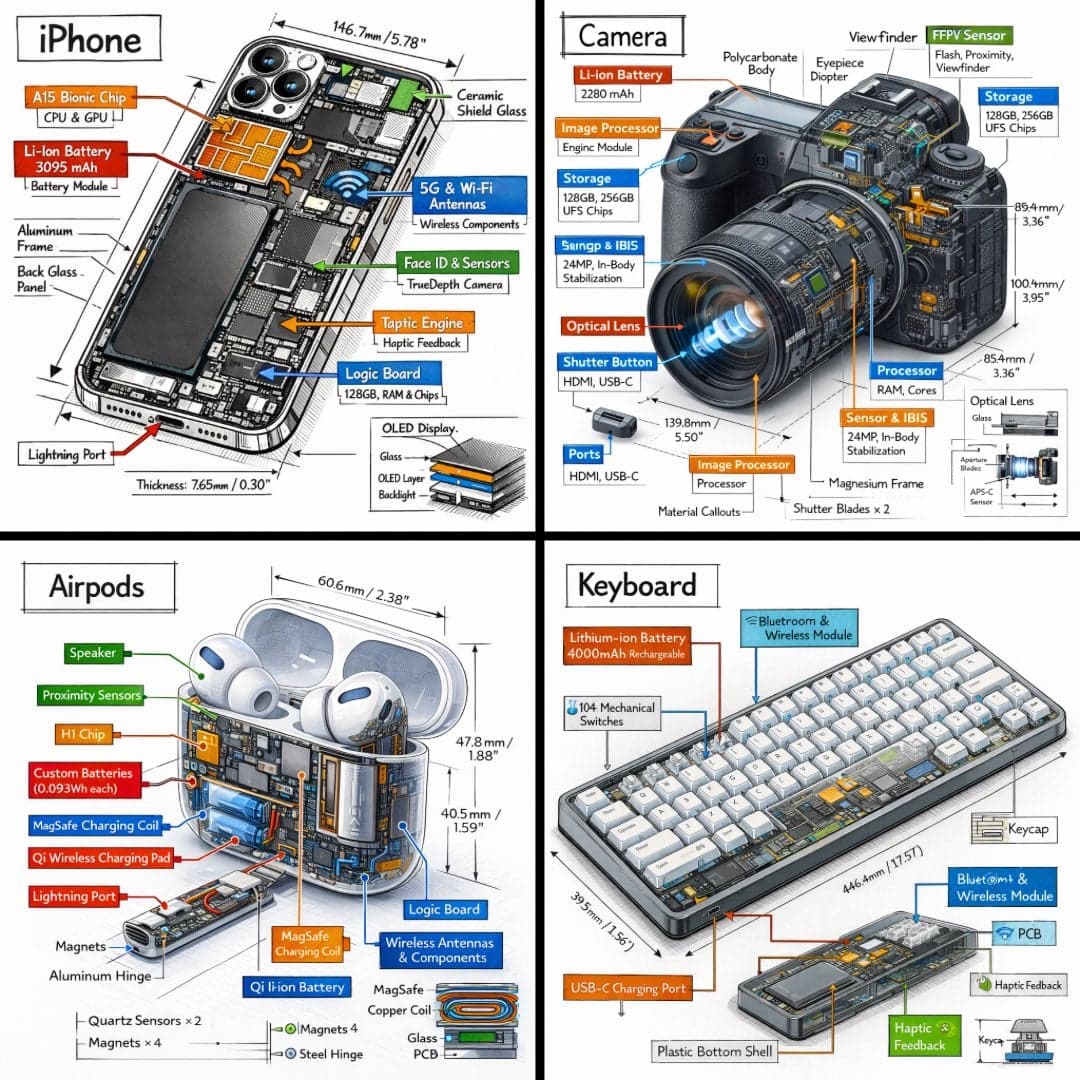 Create a technical infographic of [OBJECT] with a 45-degree 