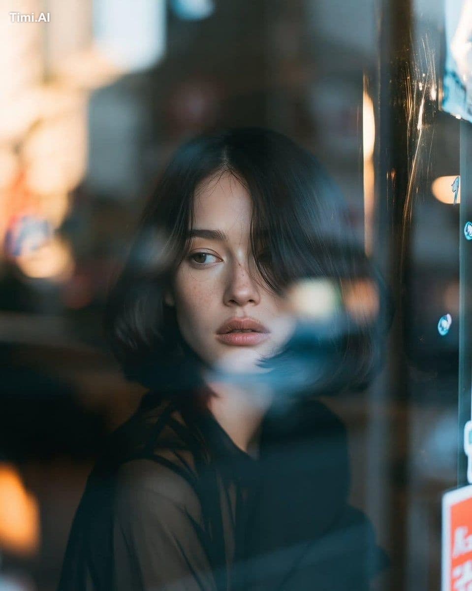 Ultra-cinematic close-up portrait of a young woman sitting i