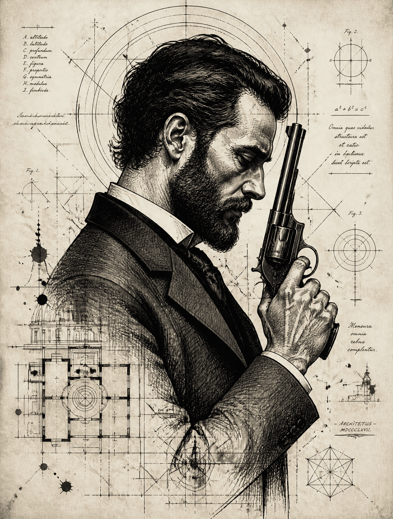 A stylized, high-contrast ink illustration depicts a bearded