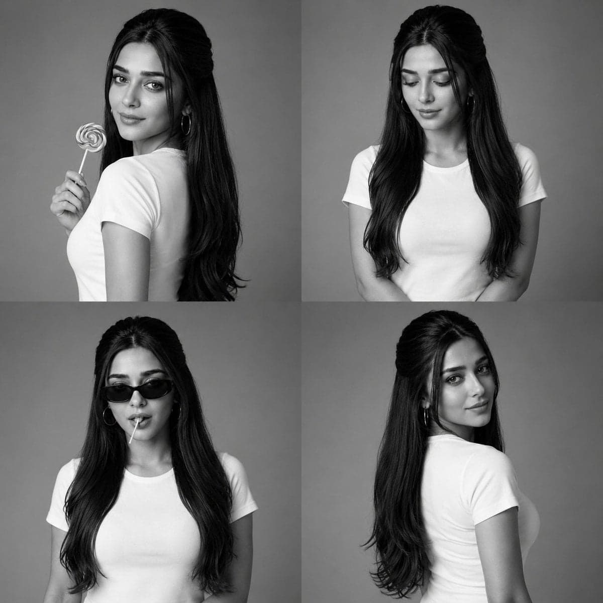Create a luxury black-and-white fashion studio collage arran