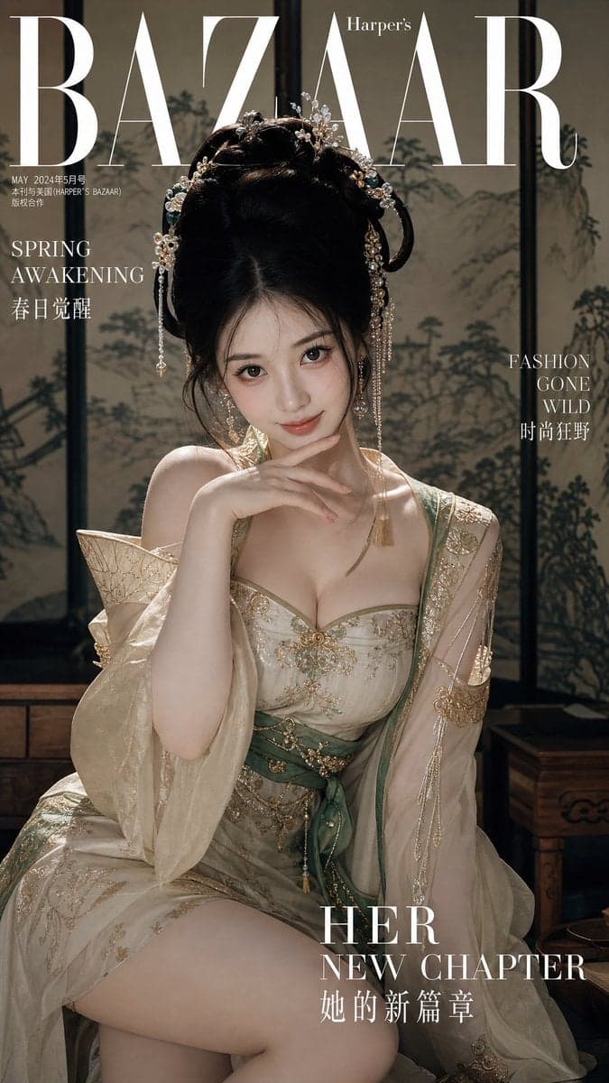 顶尖现代时尚杂志封面大片，一位20岁左右的国风美女，身着改良版华丽古装（汉服元素）。她拥有丰腴匀称的沙漏型身材，裁剪得体