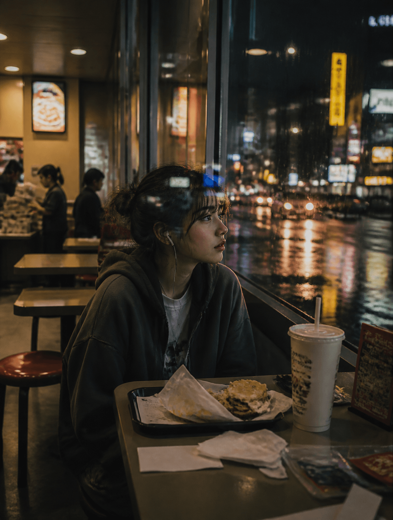 A young woman sitting alone inside a fast-food restaurant fi