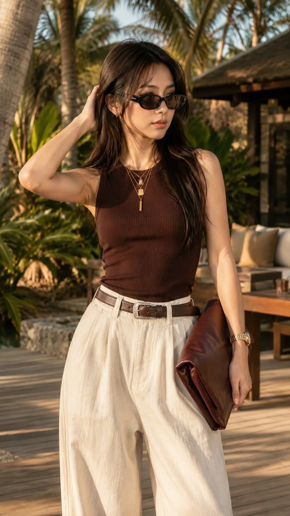 create a portrait 9:16. A luxurious tropical resort fashion 