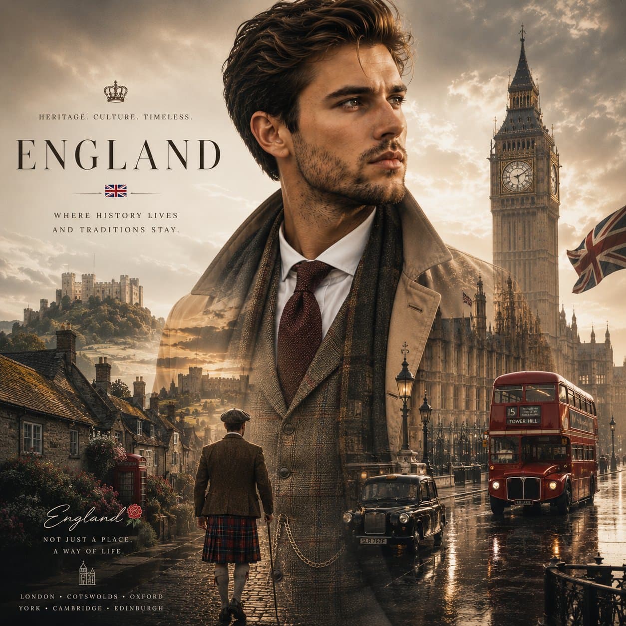 Create an ultra-premium cinematic travel poster in a sophist