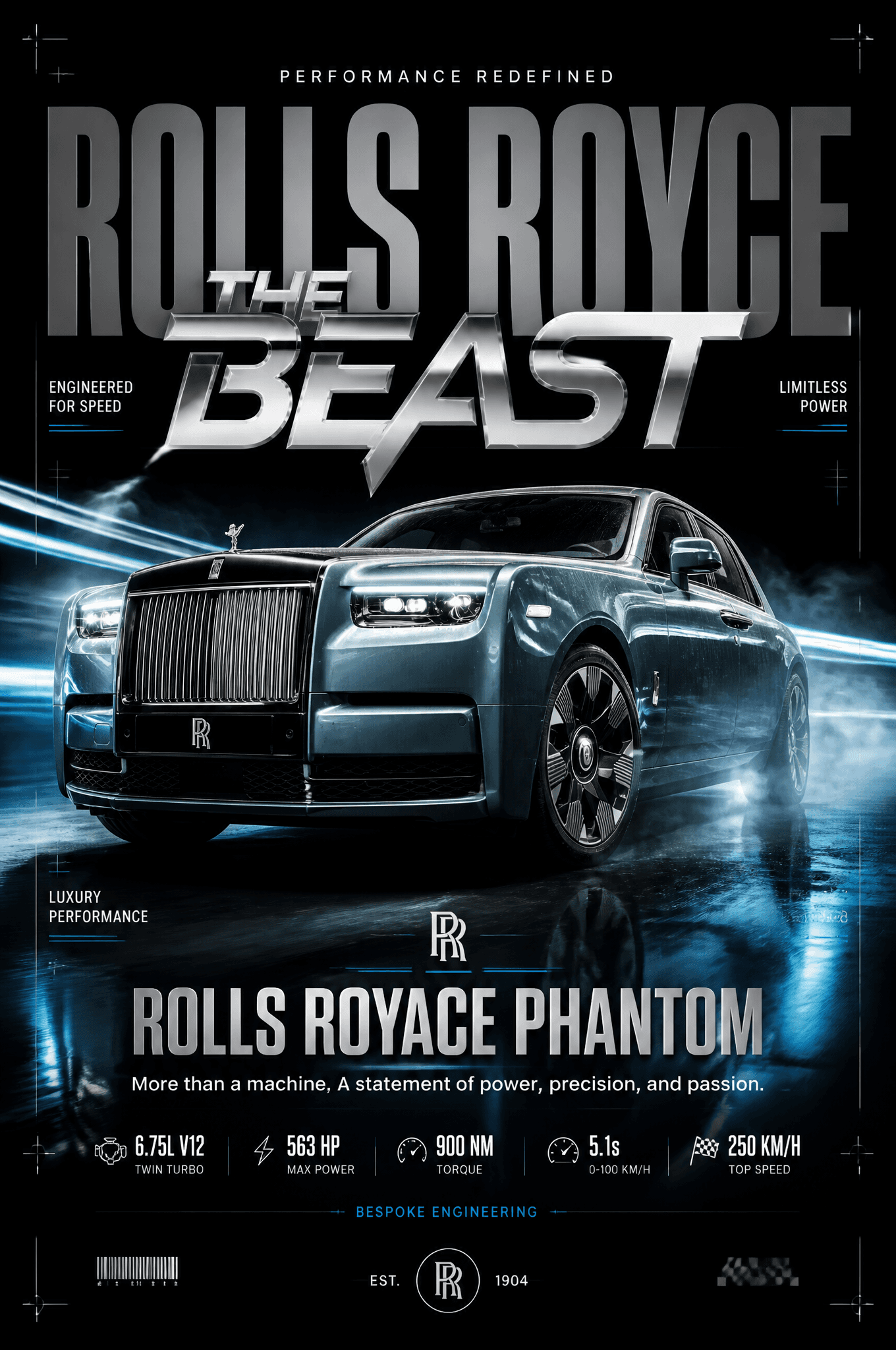 Ultra-premium automotive advertising poster on a dark cinema