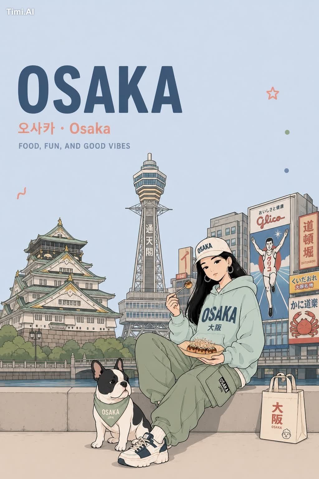 Anime travel poster illustration in a clean pastel aesthetic