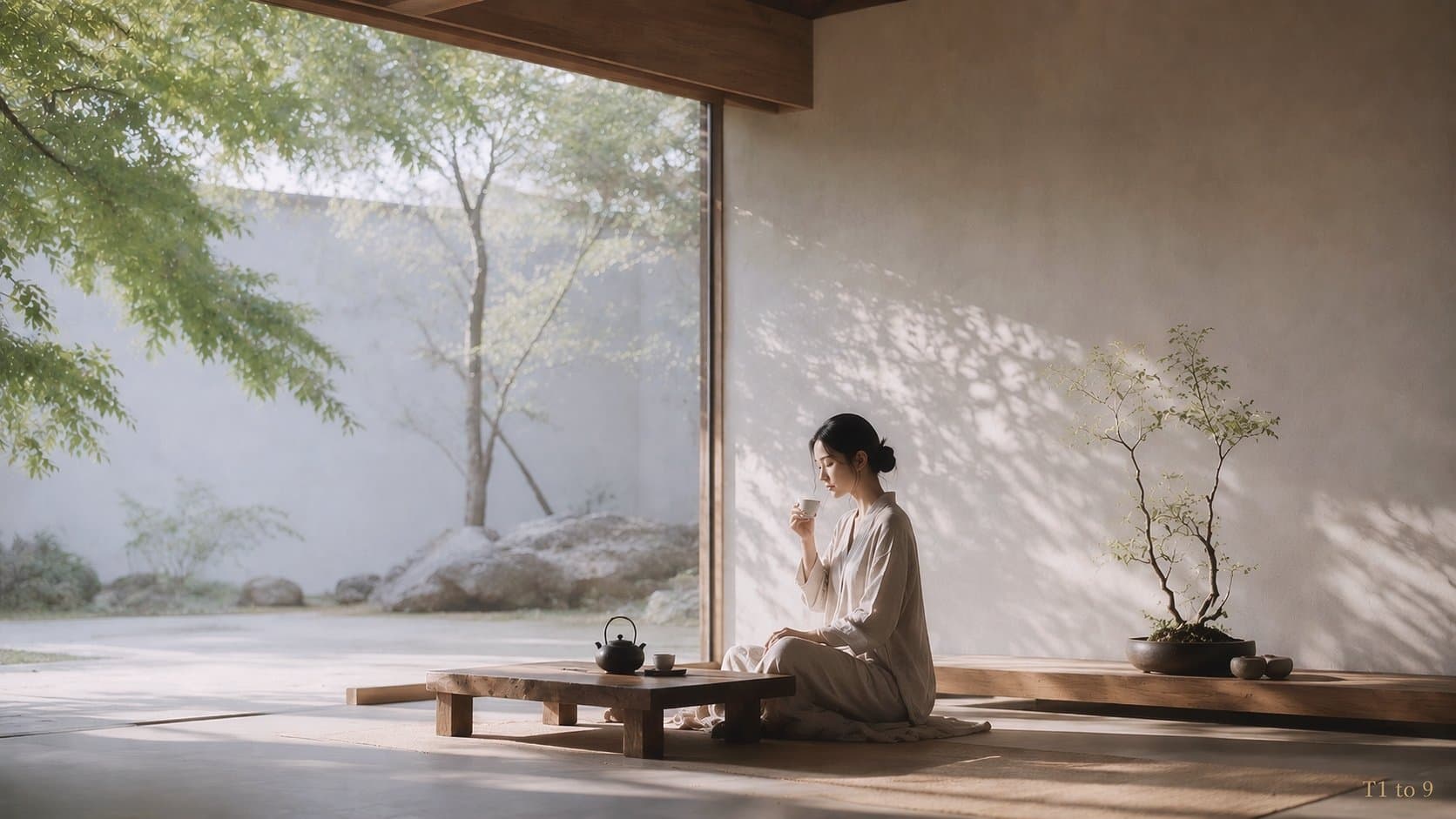 高级时装大片禅意环境人像,东亚成年美丽女性,主题「静·禅」。真实摄影主体 + 极简禅意室内空间 + 大面积负空间(留白)