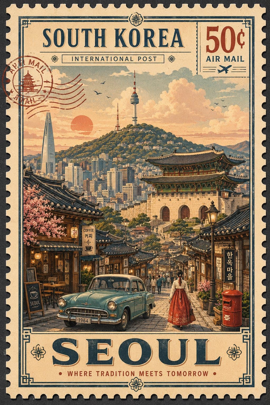 Create an ultra-detailed vintage postage stamp style travel