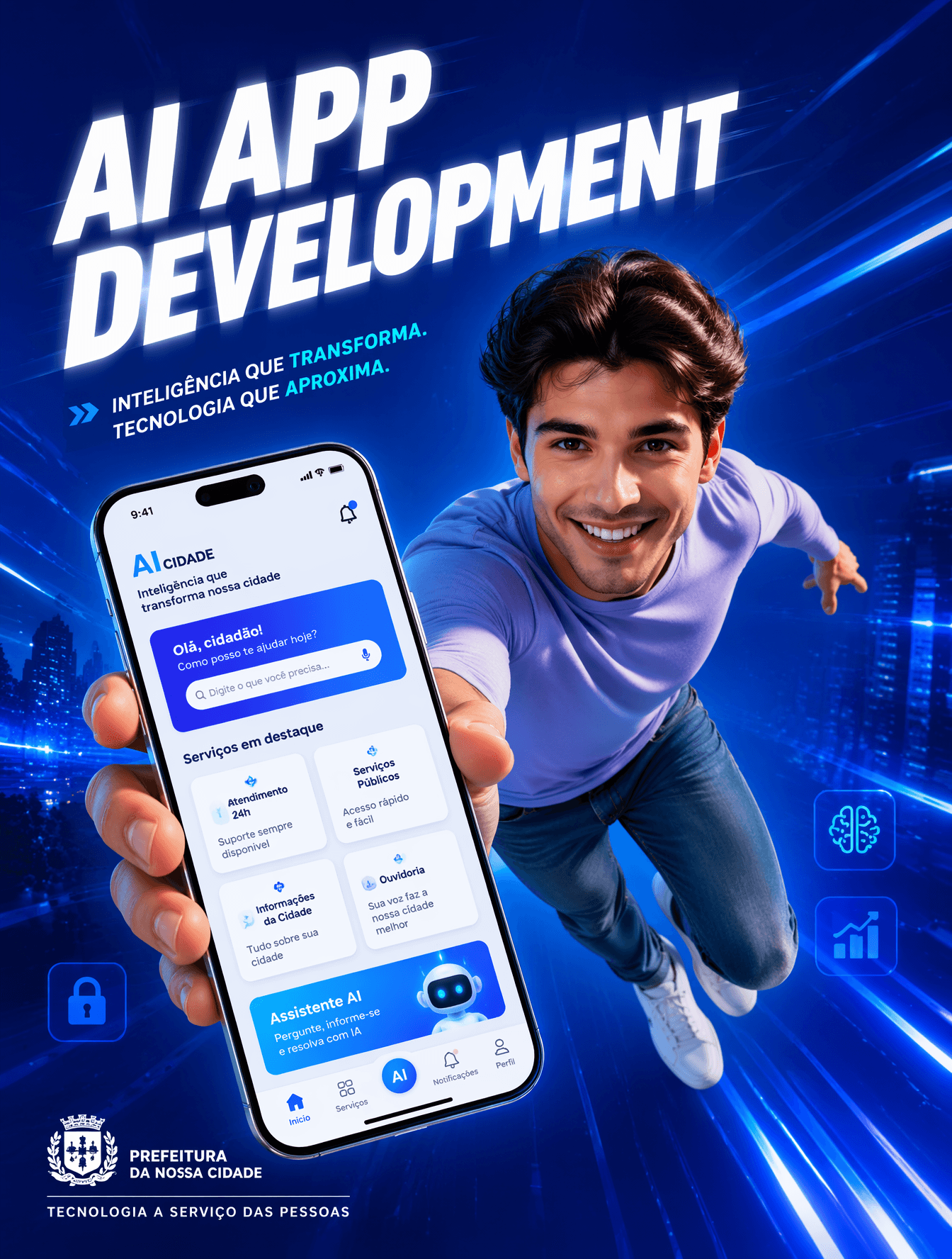 A high-energy futuristic civic technology campaign poster, v