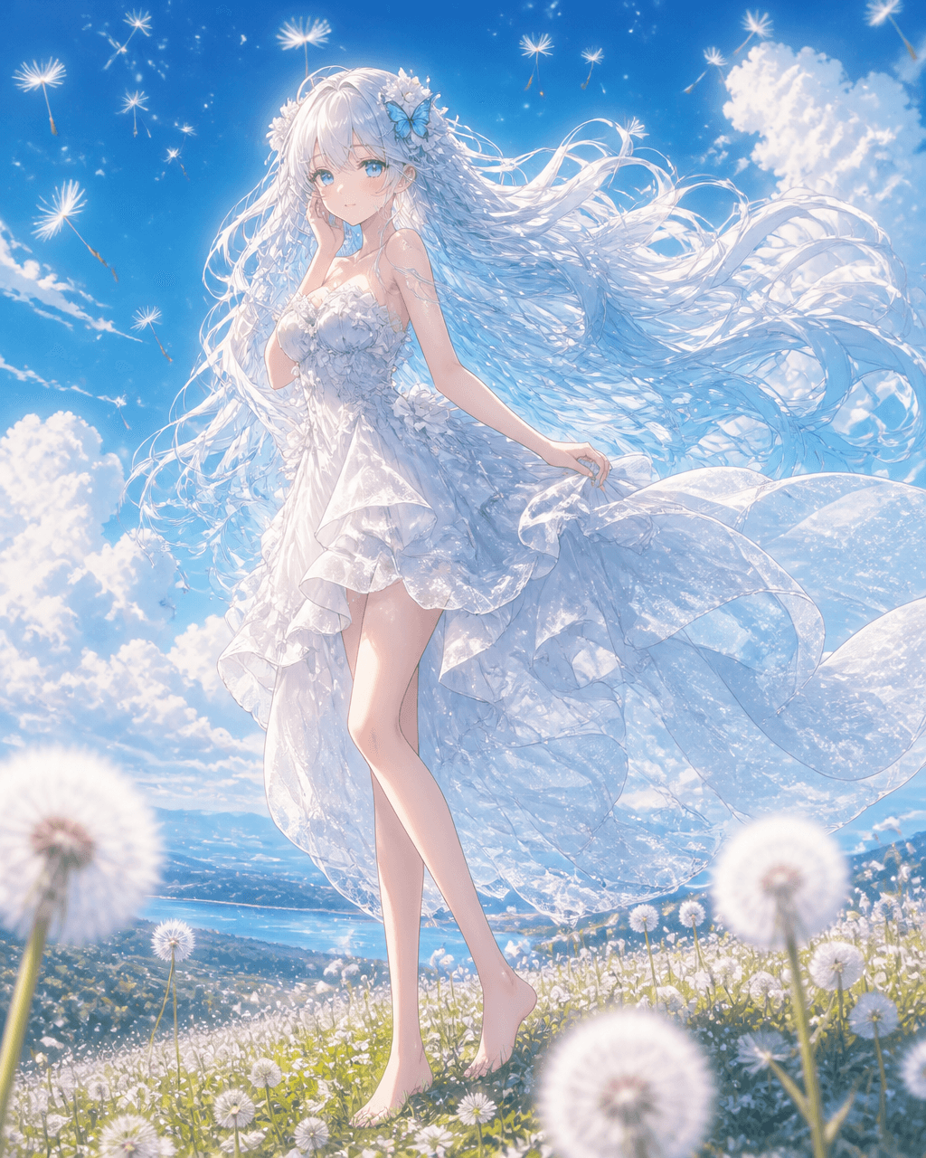 Vertical full-body anime girl illustration, dreamy dandelion