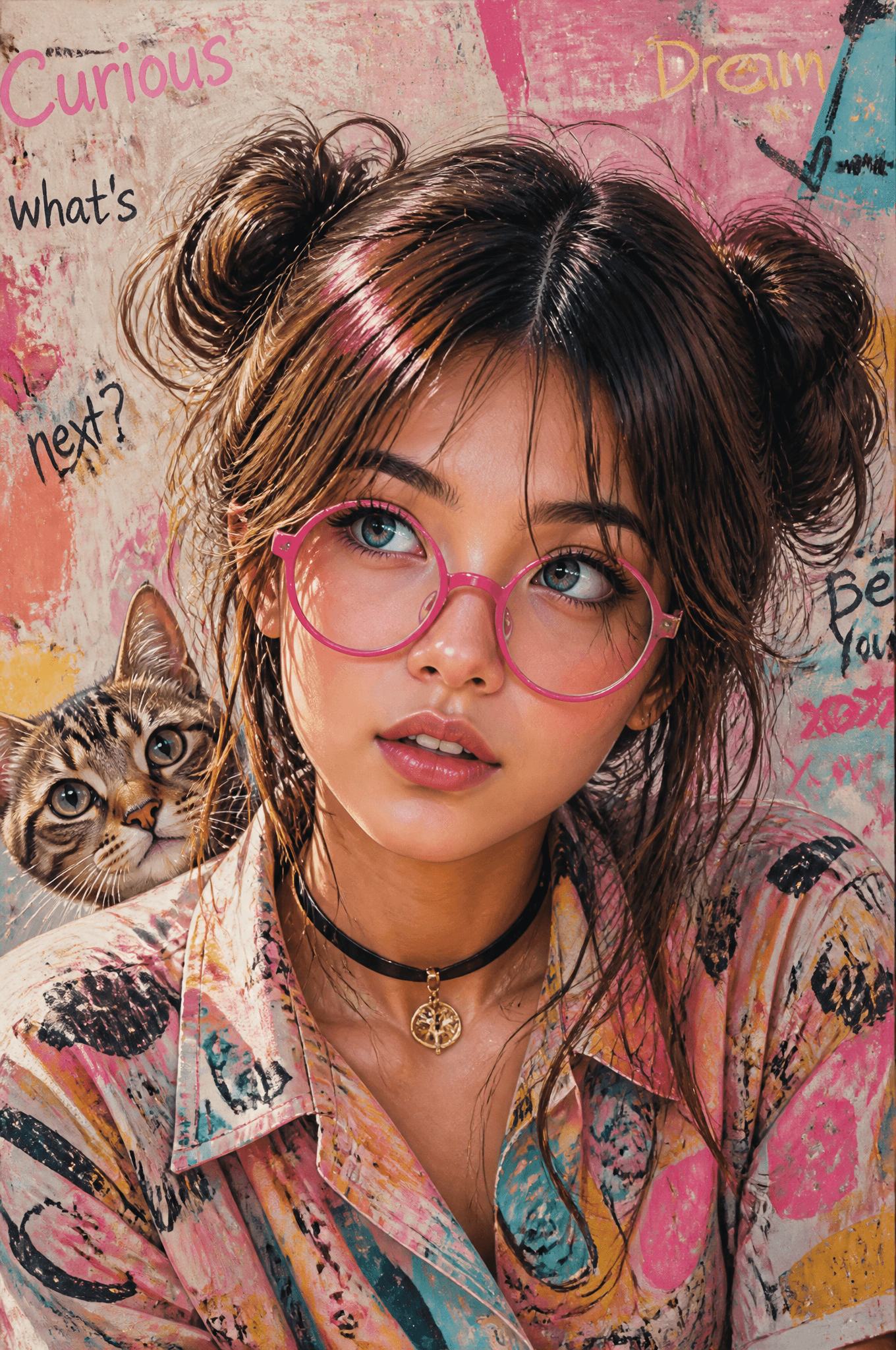 A girl with big expressive blue eyes, wearing bright pink ro