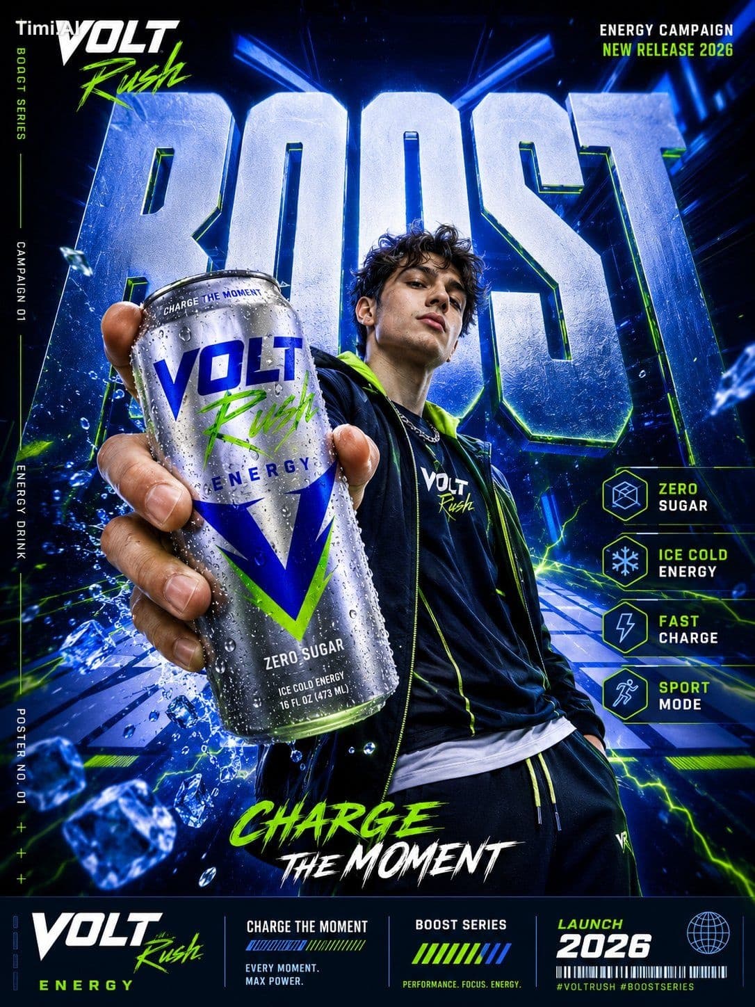 Create a vertical 3:4 commercial campaign poster for a ficti