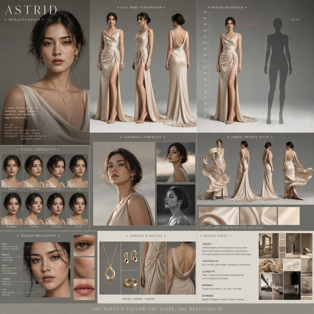Create a cinematic character design board for a premium dram