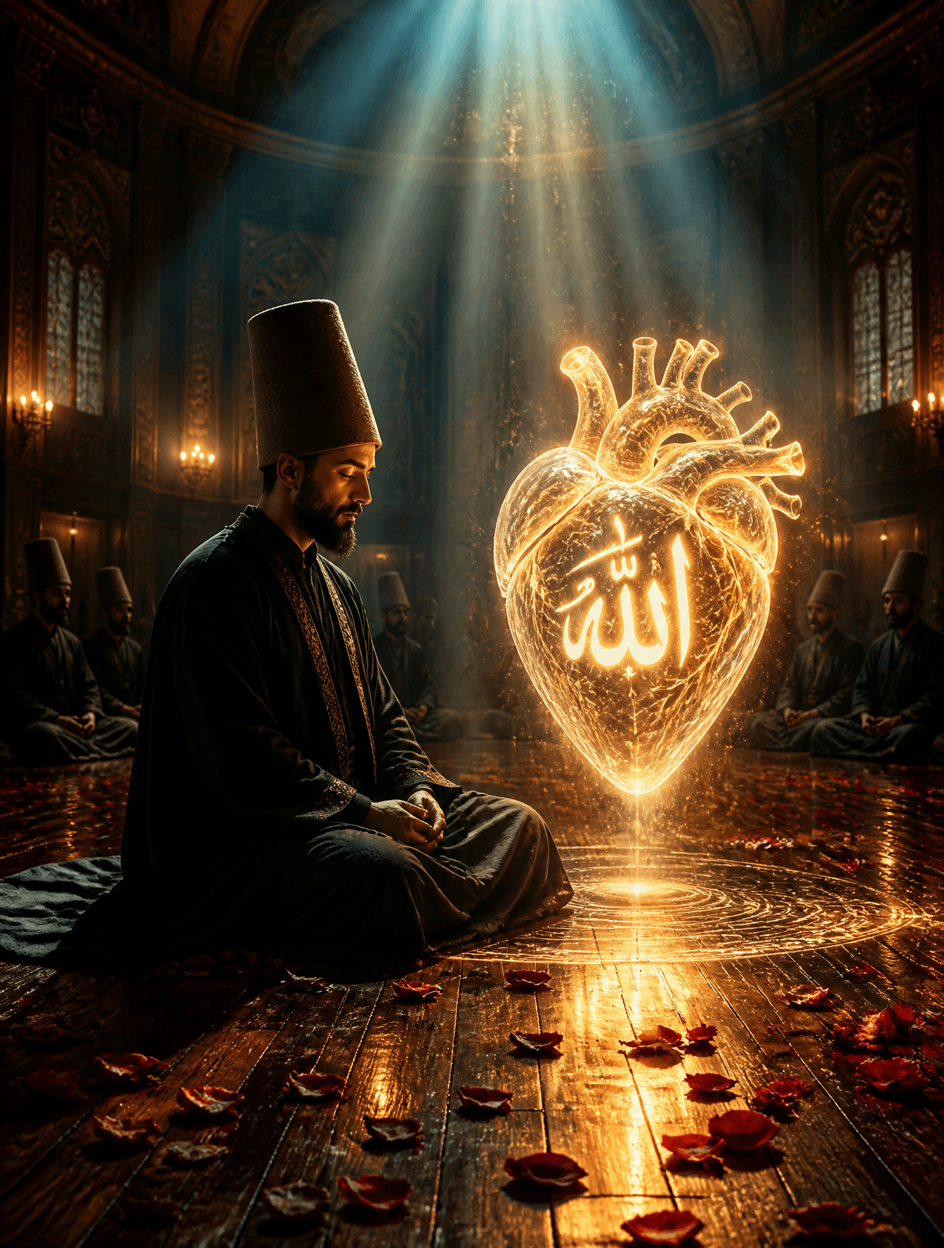 "A mystical Sufi dervish wearing a traditional tall felt hat