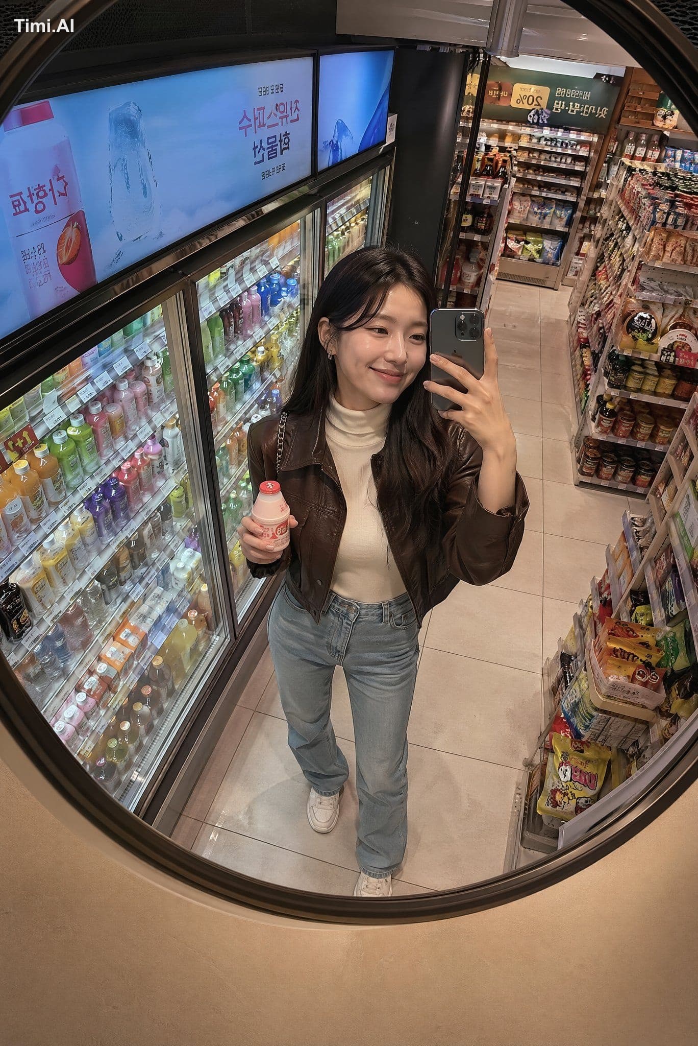 LATE-NIGHT KOREAN MART MIRROR SNAP
Create a photorealistic l