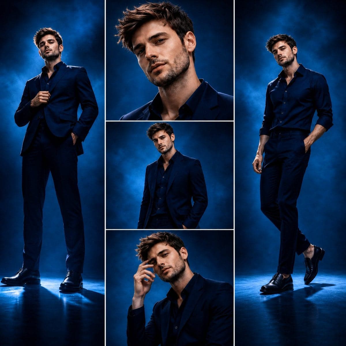 Aspect ratio 1:1. Luxury fashion editorial, three-panel comp