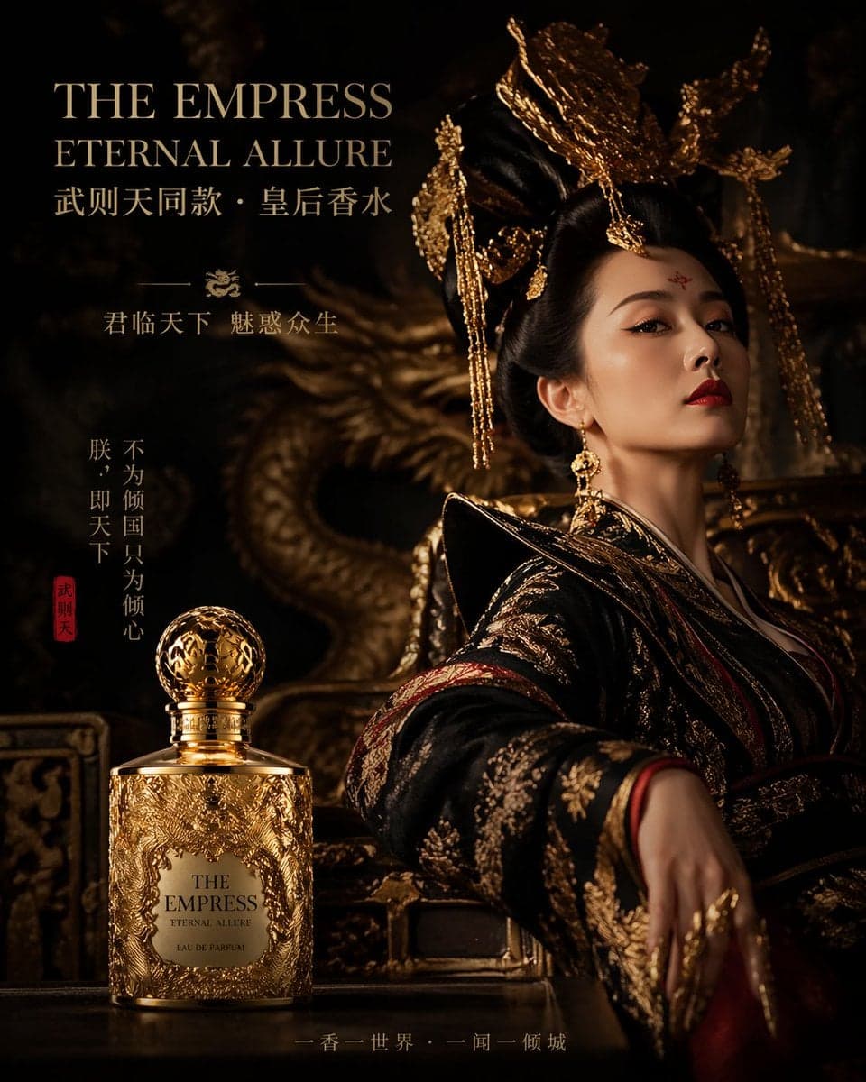 武则天同款皇后香水广告,龙纹金瓶,暗黑宫廷氛围感大片