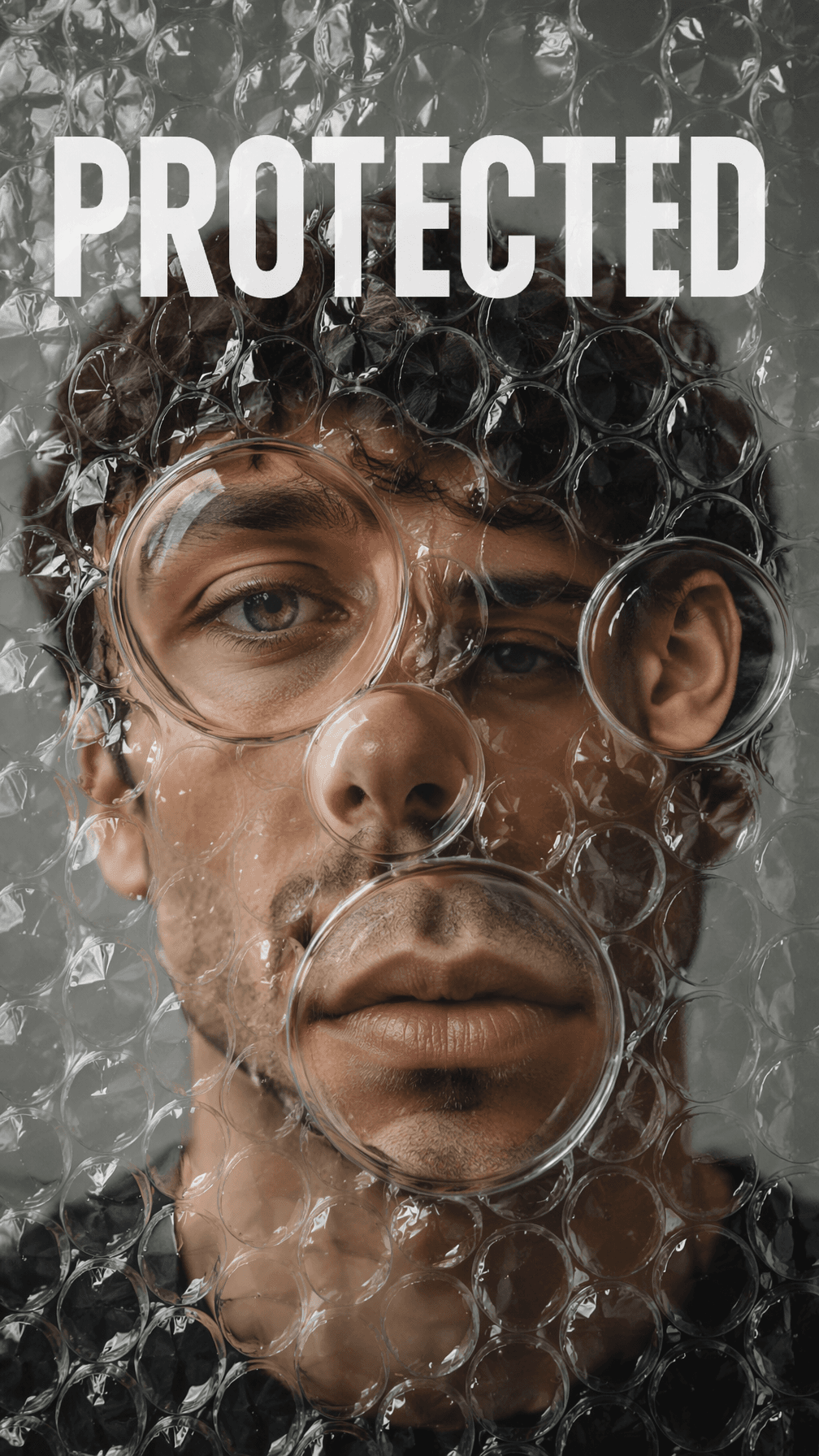 Portrait behind transparent bubble wrap.Each bubble enlarges
