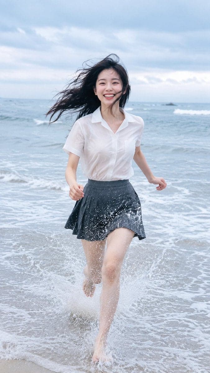 9:16 vertical photorealistic beach running portrait. An adul