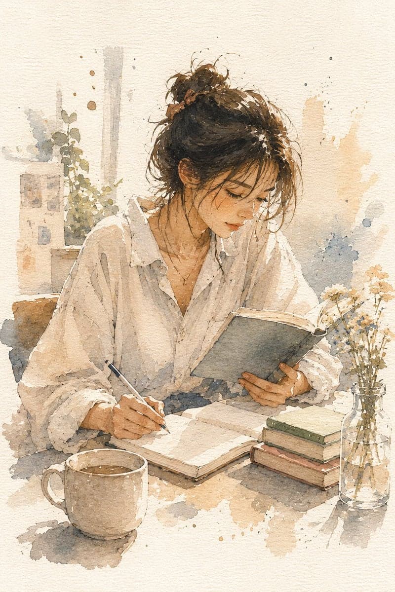 A minimalist watercolor illustration of a young woman immers
