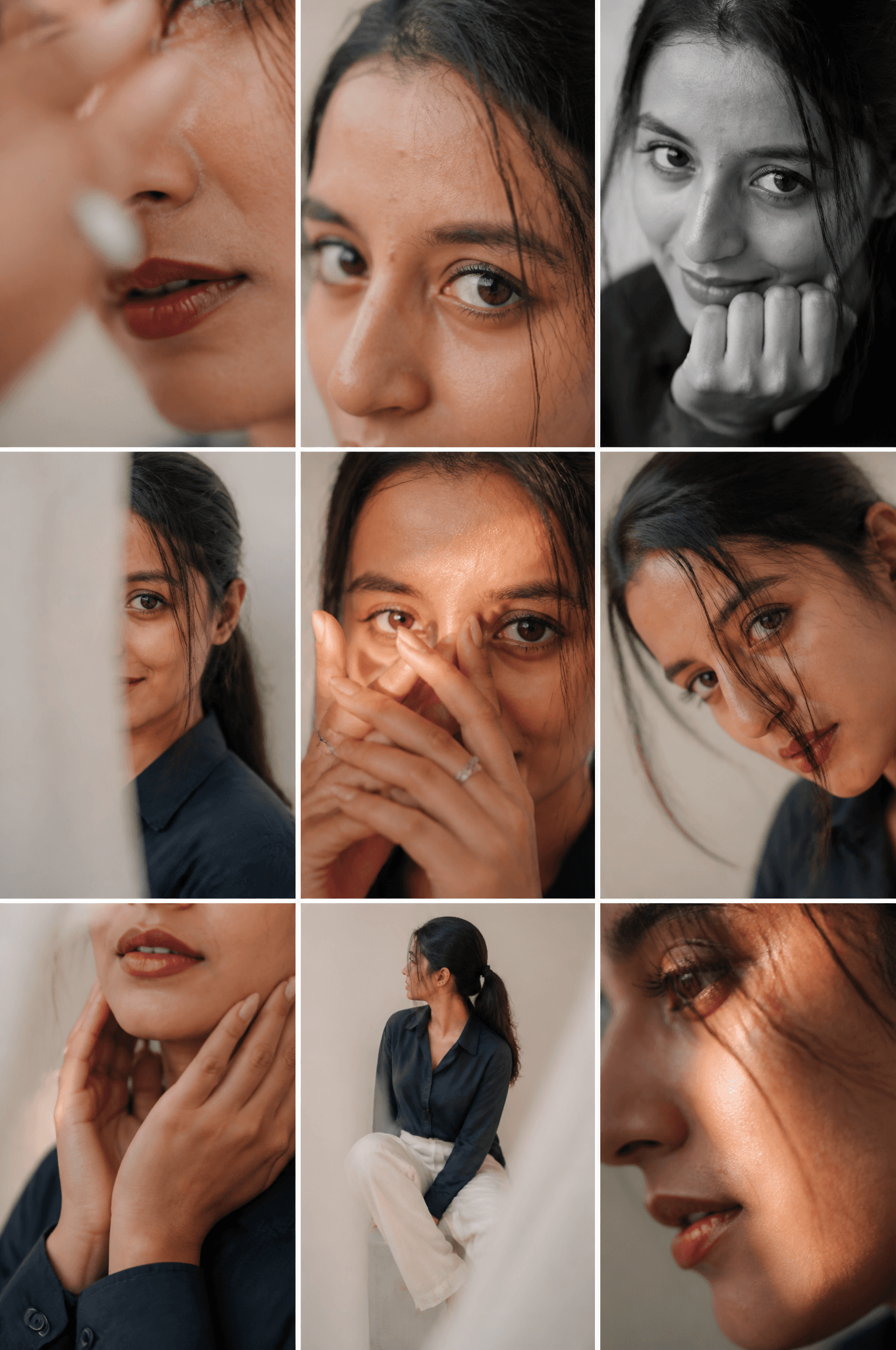 Editorial 3x3 photo grid in a clean soft beige studio. Chara