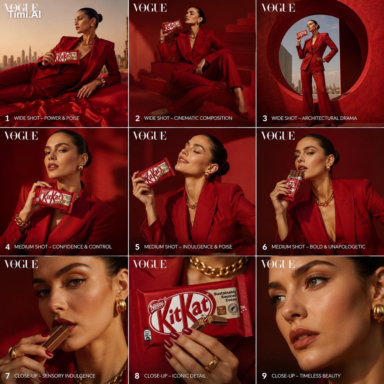 Create a 3×3 storyboard grid (9 images total) in a Vogue hig