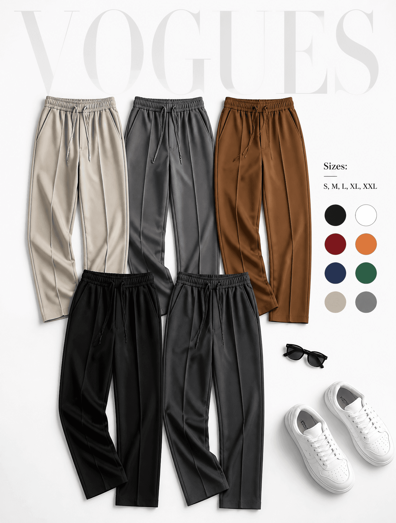 Create a premium fashion catalog flat lay on a clean soft wh