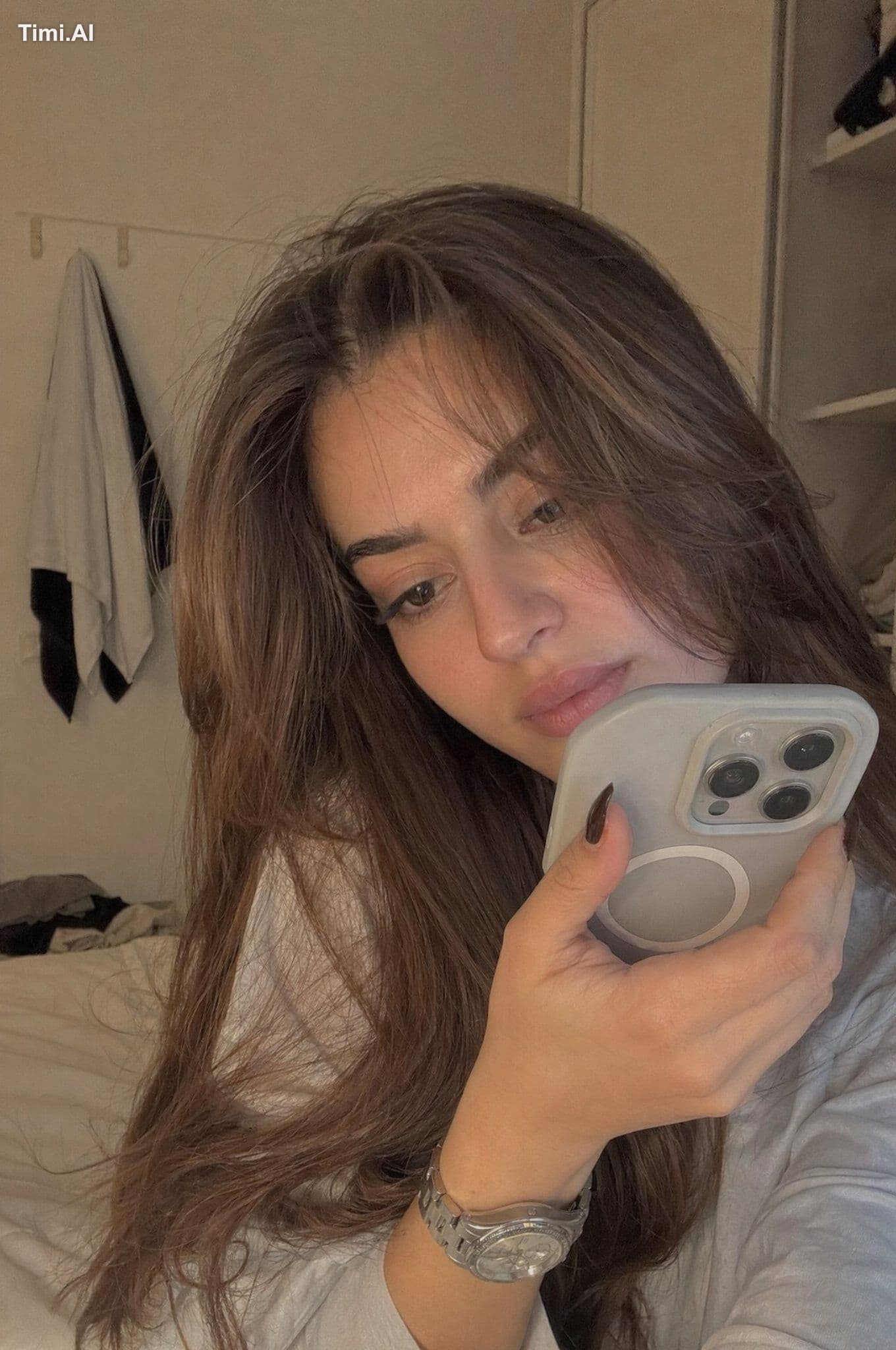 A realistic young woman sitting casually in a softly lit bed