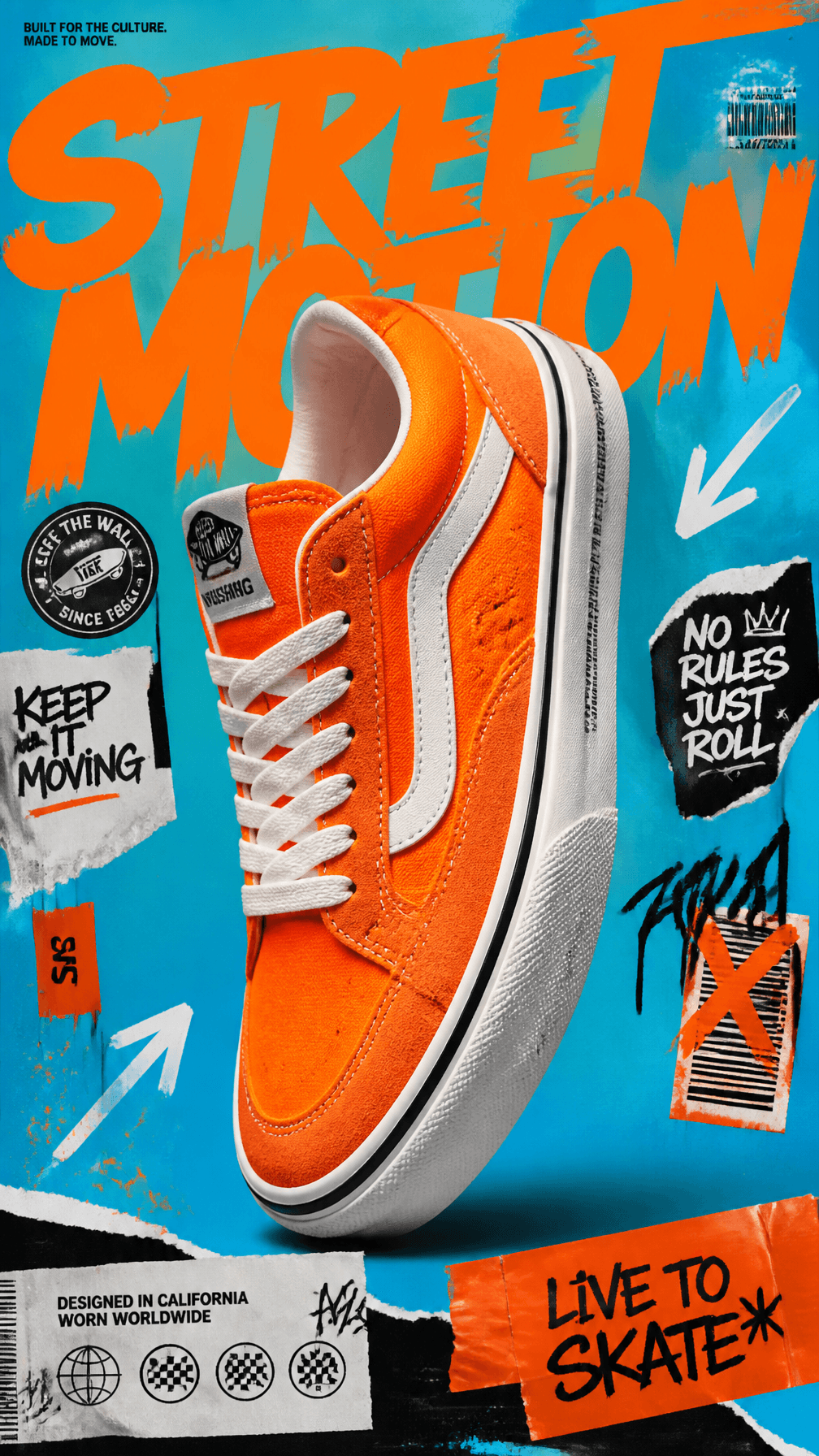 A premium 9:16 streetwear footwear advertising poster.Centra