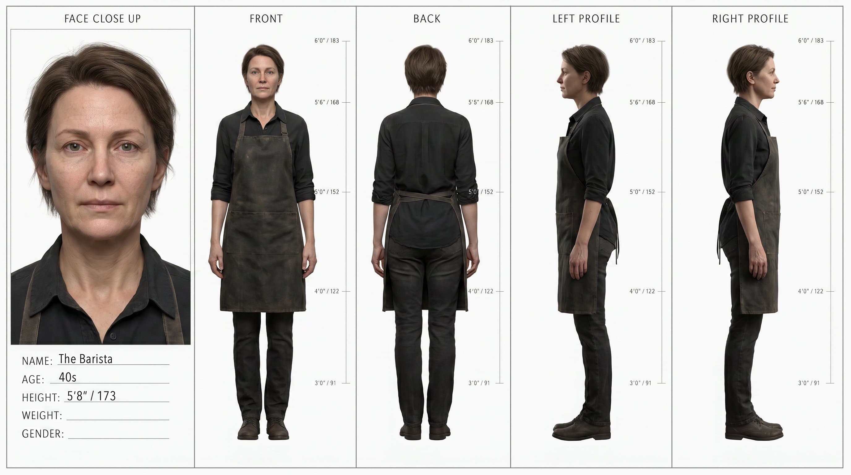 Ultra realistic character turnaround sheet of a female baris