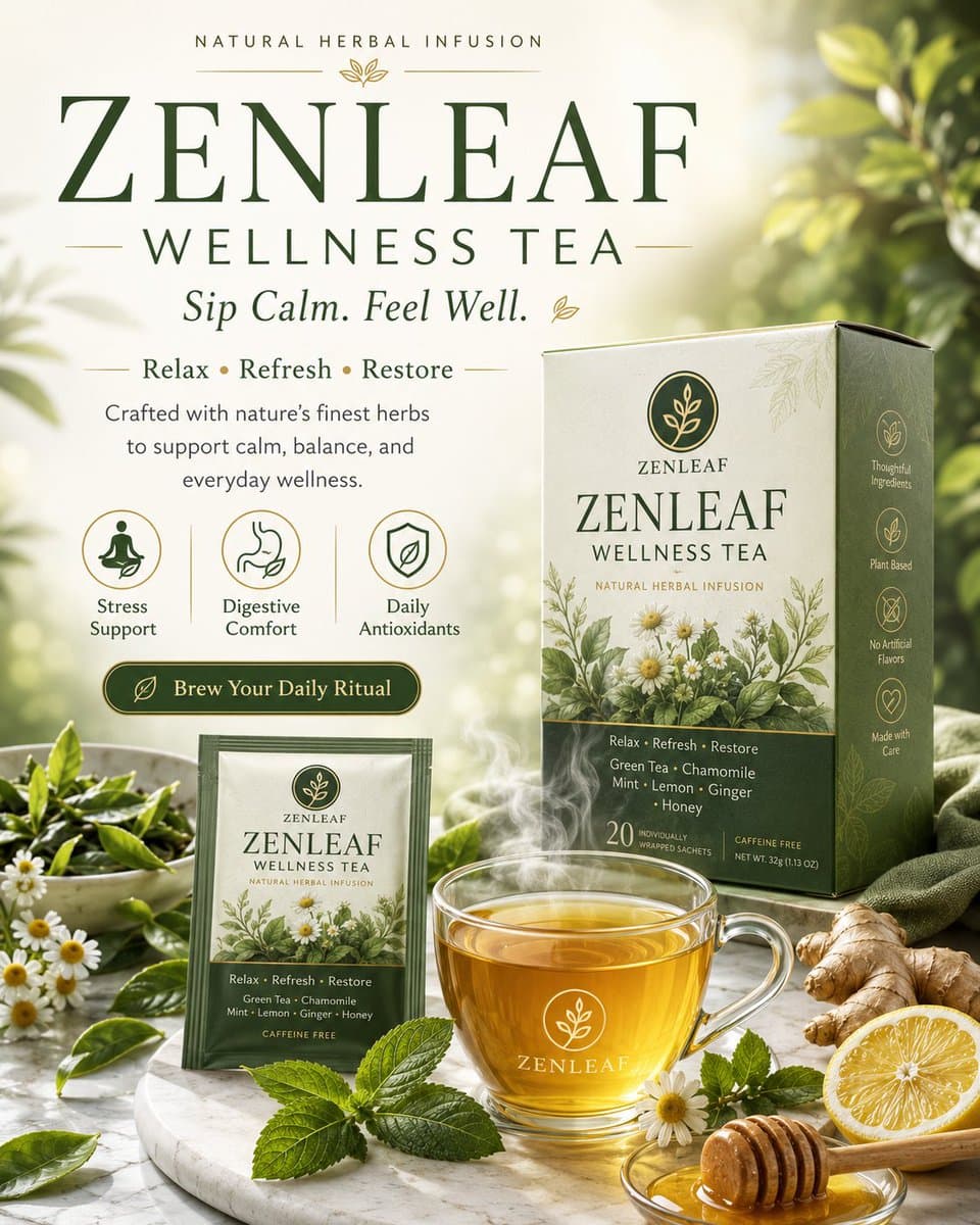 Create a premium wellness advertising poster for a tea brand
