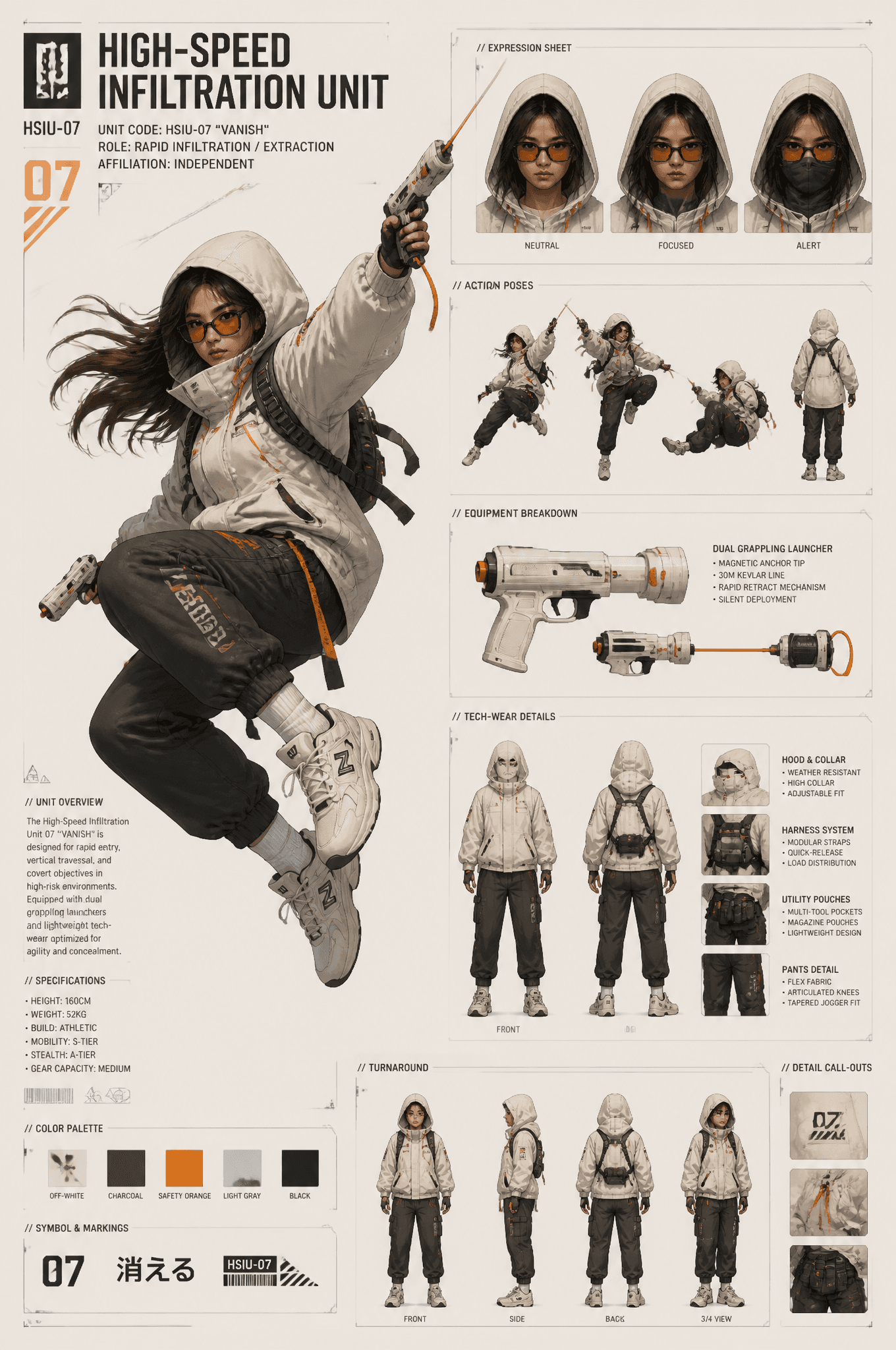 A dynamic character concept sheet showcases a "High-Speed In