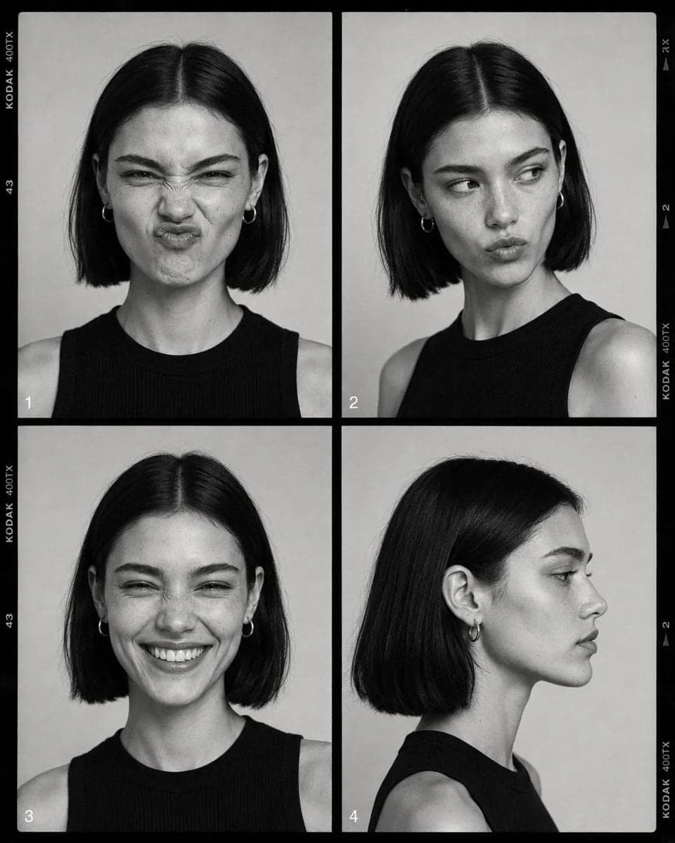 Black-and-white fashion casting contact sheet of [Human] wit