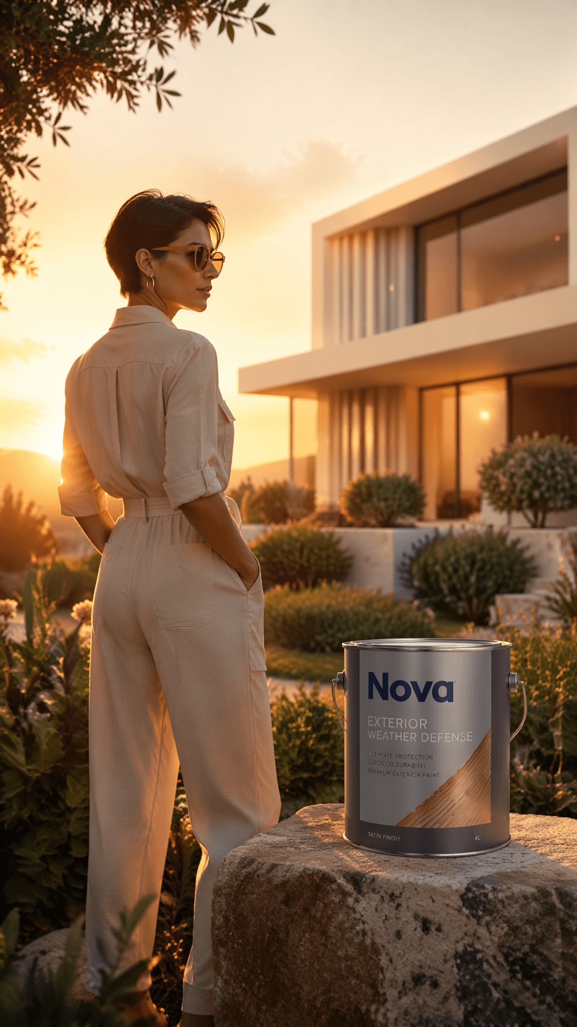 A stylish woman with short dark hair and orange-rimmed sungl