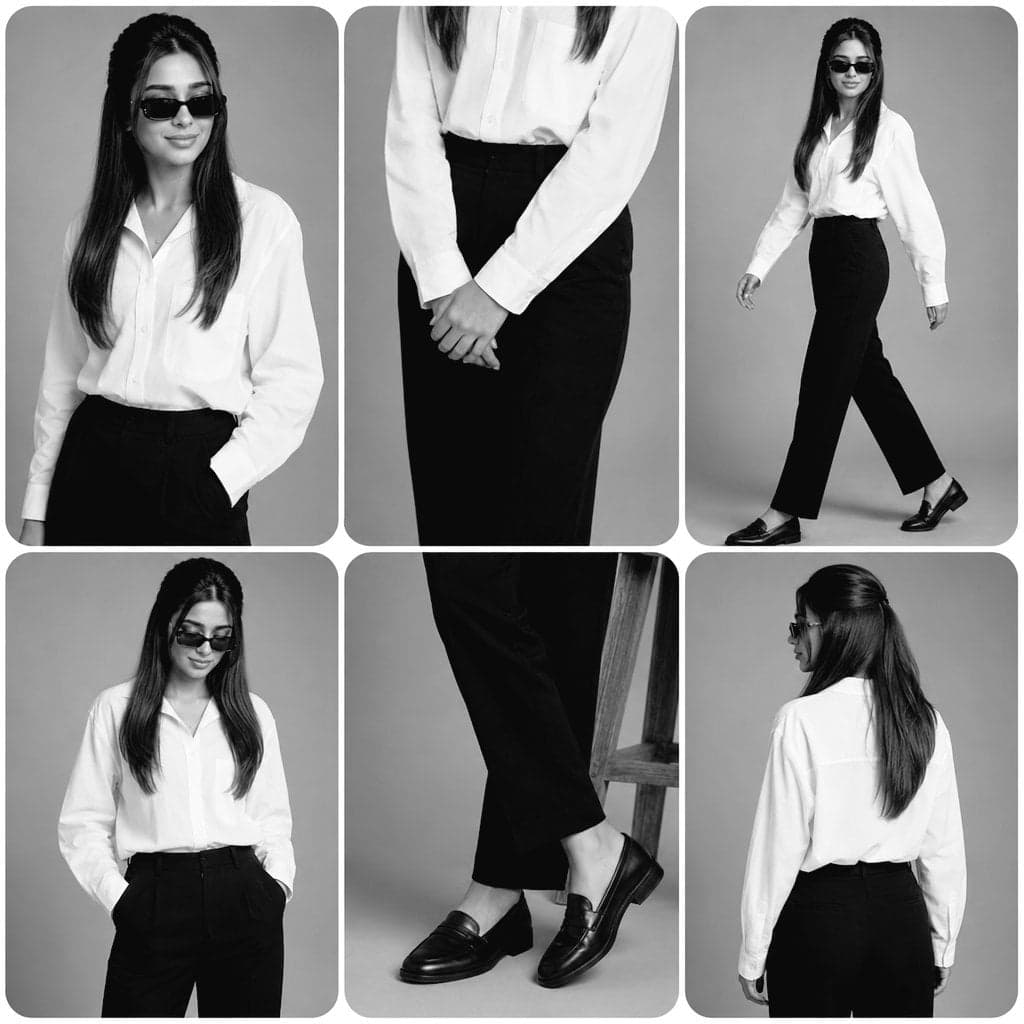 Create a premium black-and-white fashion editorial collage i