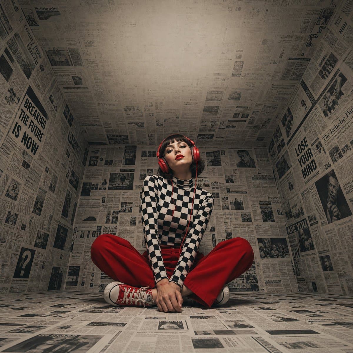 Wide surreal fashion shot, woman sitting cross-legged center