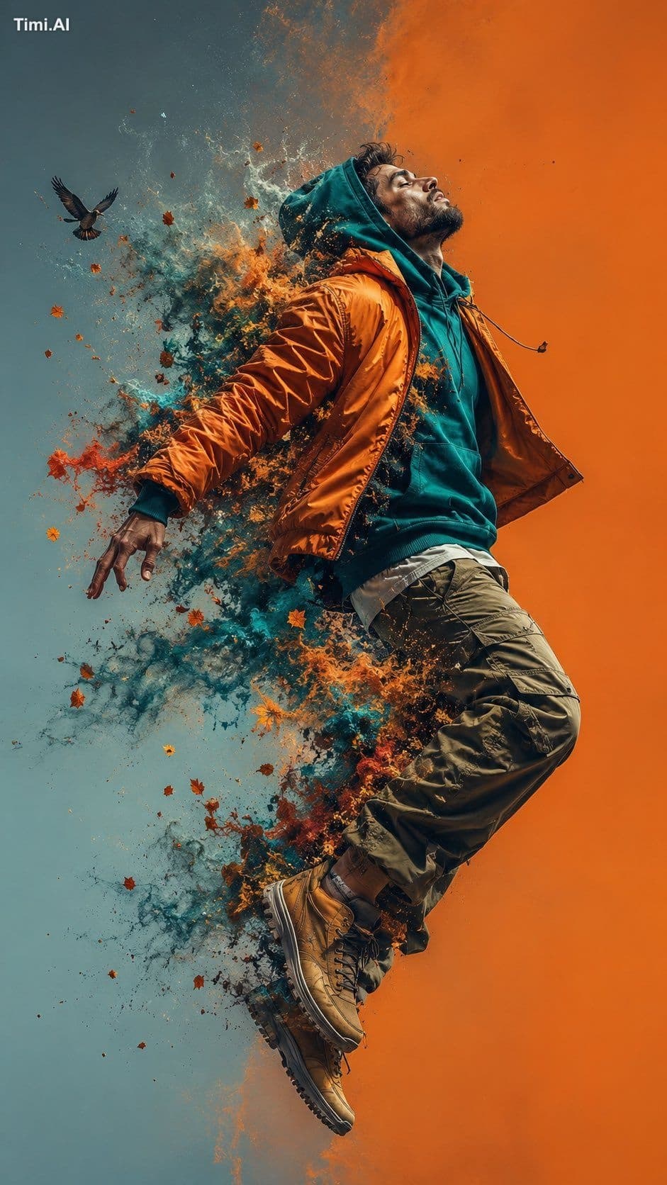 A full-body side profile of a man in mid-air, captured in a
