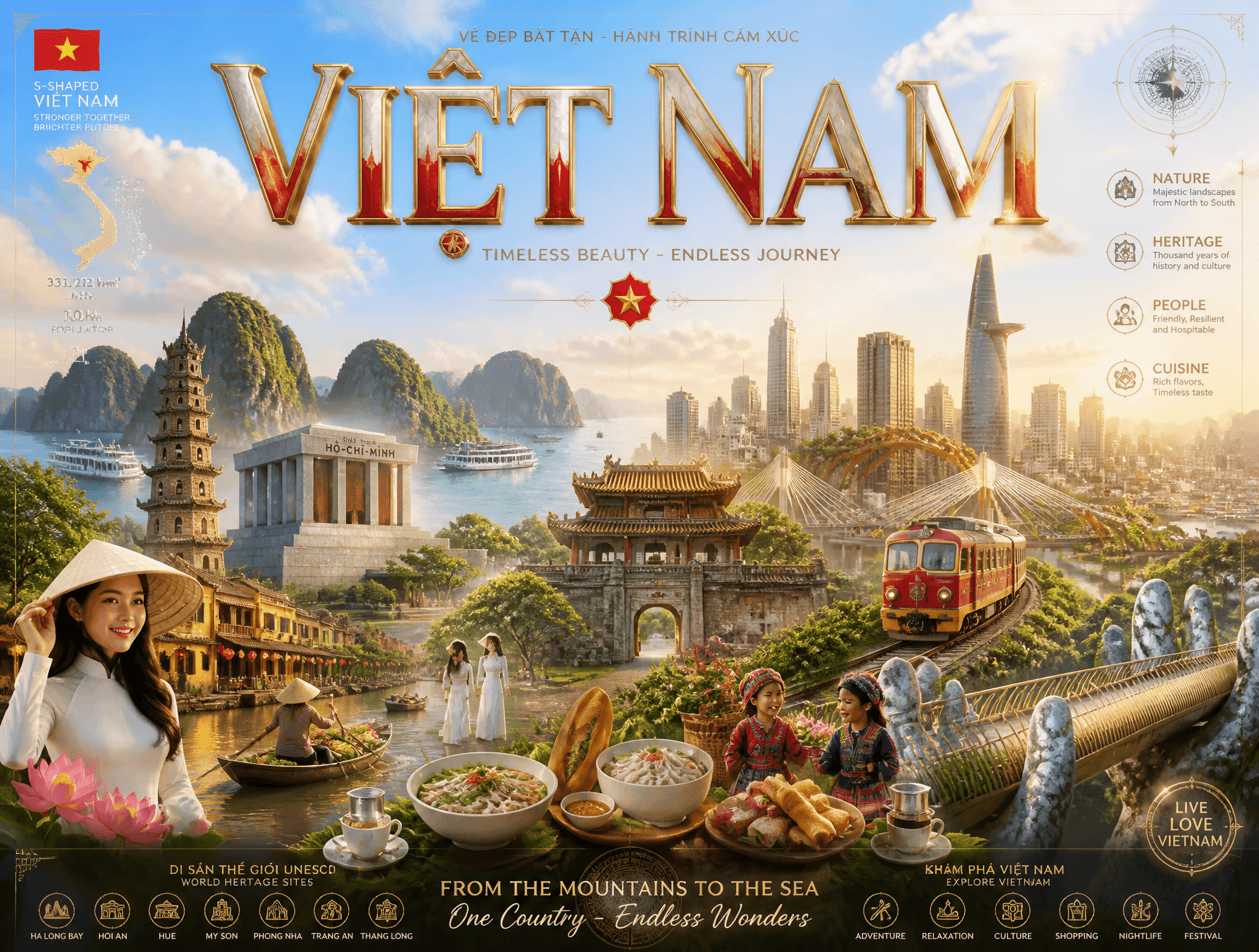 Ultra-premium cinematic 3D travel poster for VIỆT NAM, brigh