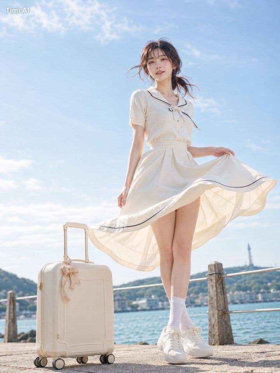 主題：
海風の旅

人物・表情：
20代女性。自然で成熟した日本女性らしい雰囲気。黒茶色の髪を低めのゆるいサイドポニーに
