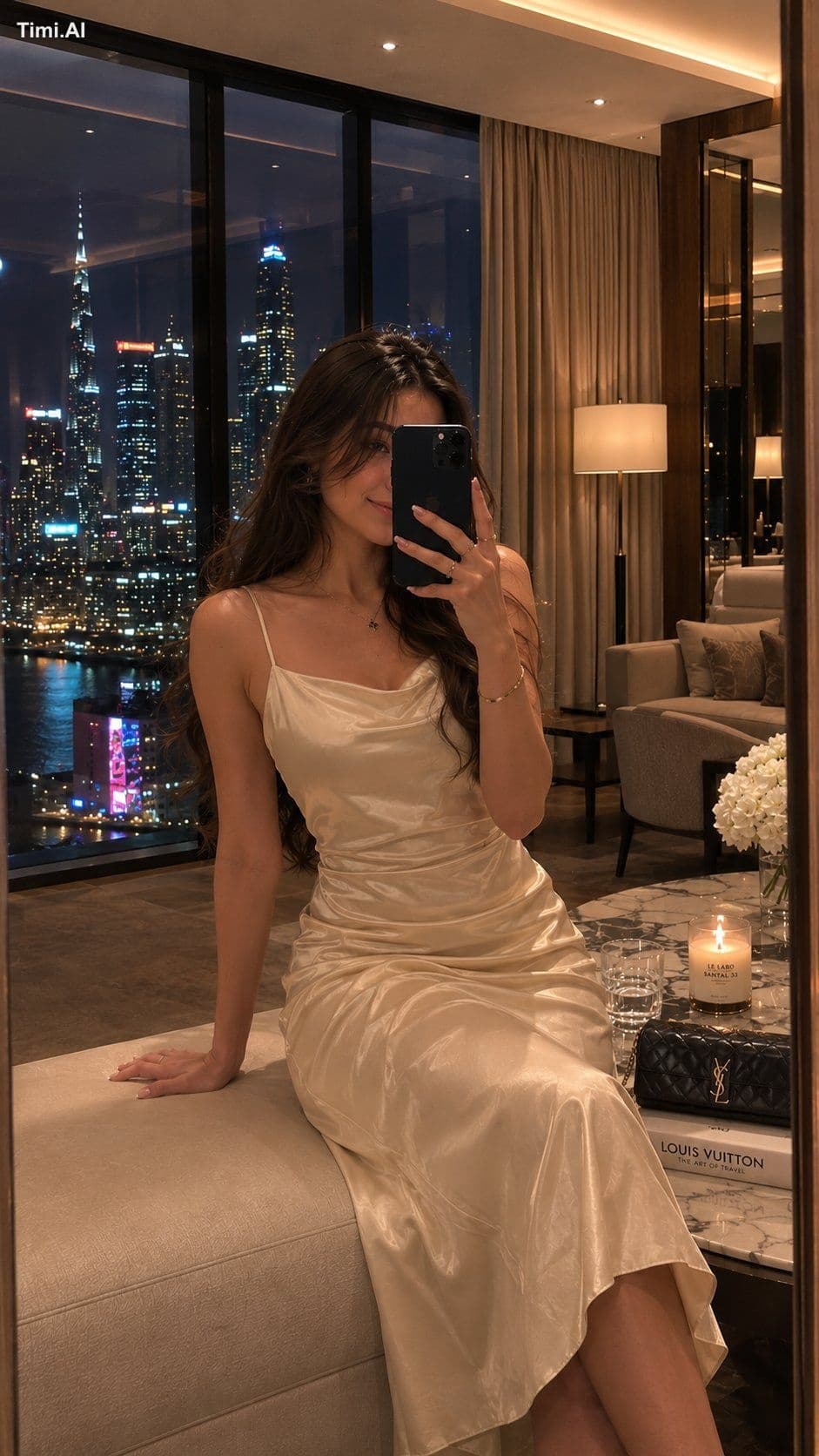 Ultra-realistic luxury hotel suite mirror selfie captured af