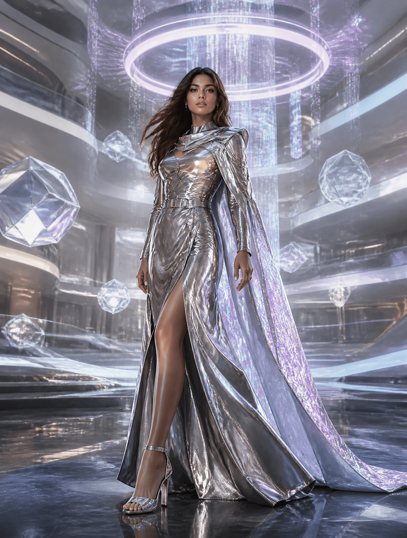 Ultra-realistic futuristic luxury fashion editorial featurin