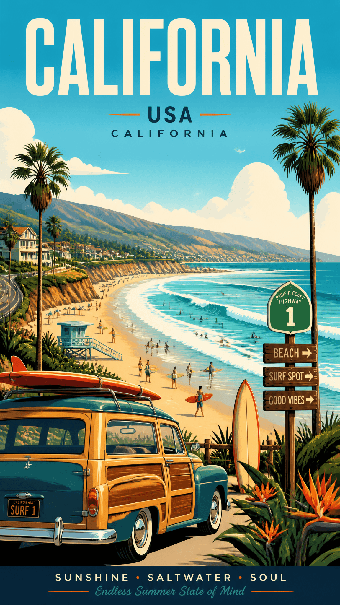 Create an ultra-high-resolution art travel poster of CALIFOR