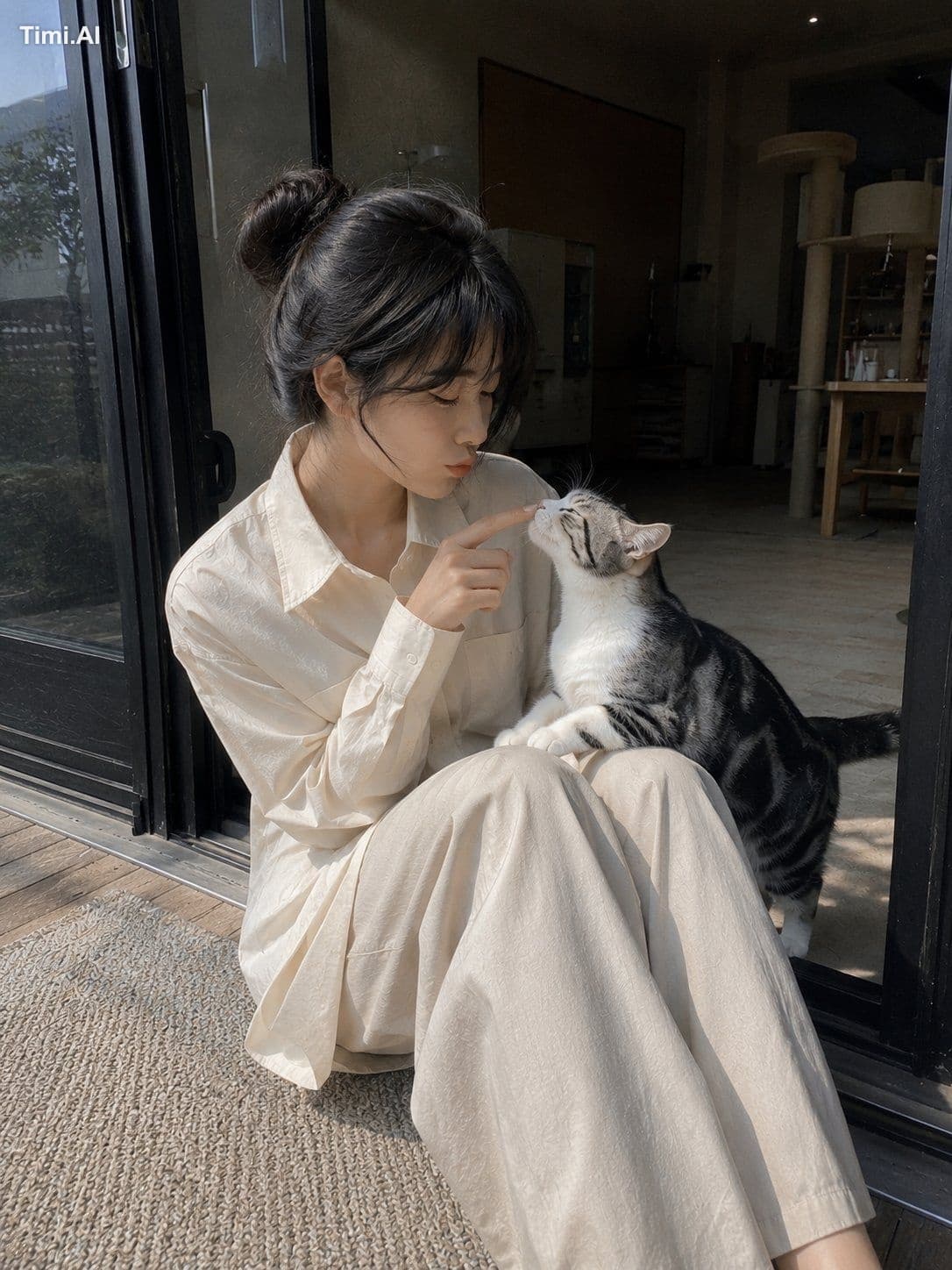 A candid mobile photo of a young East Asian woman sitting at