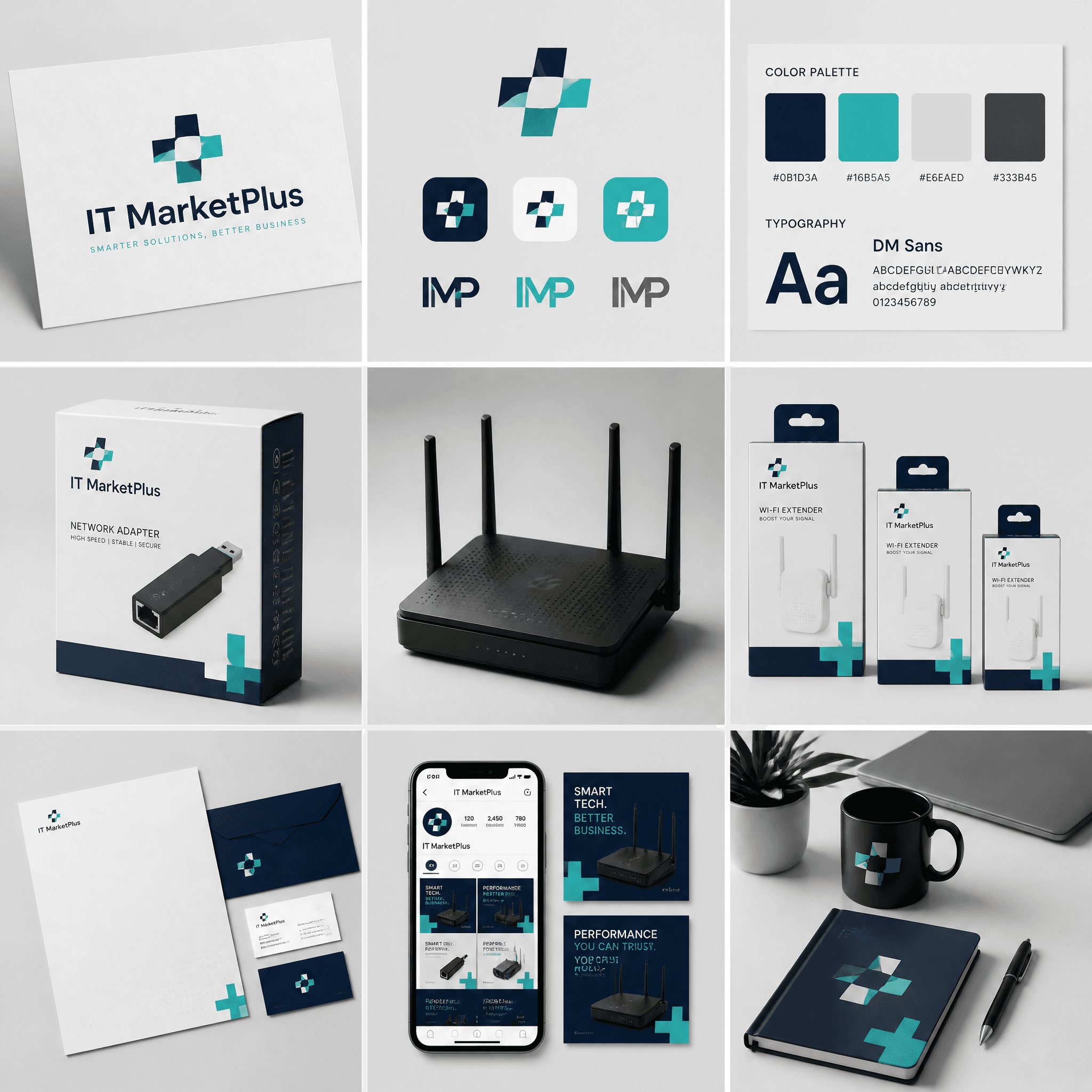 [brand name], complete brand identity grid, 3x3 layout, nine