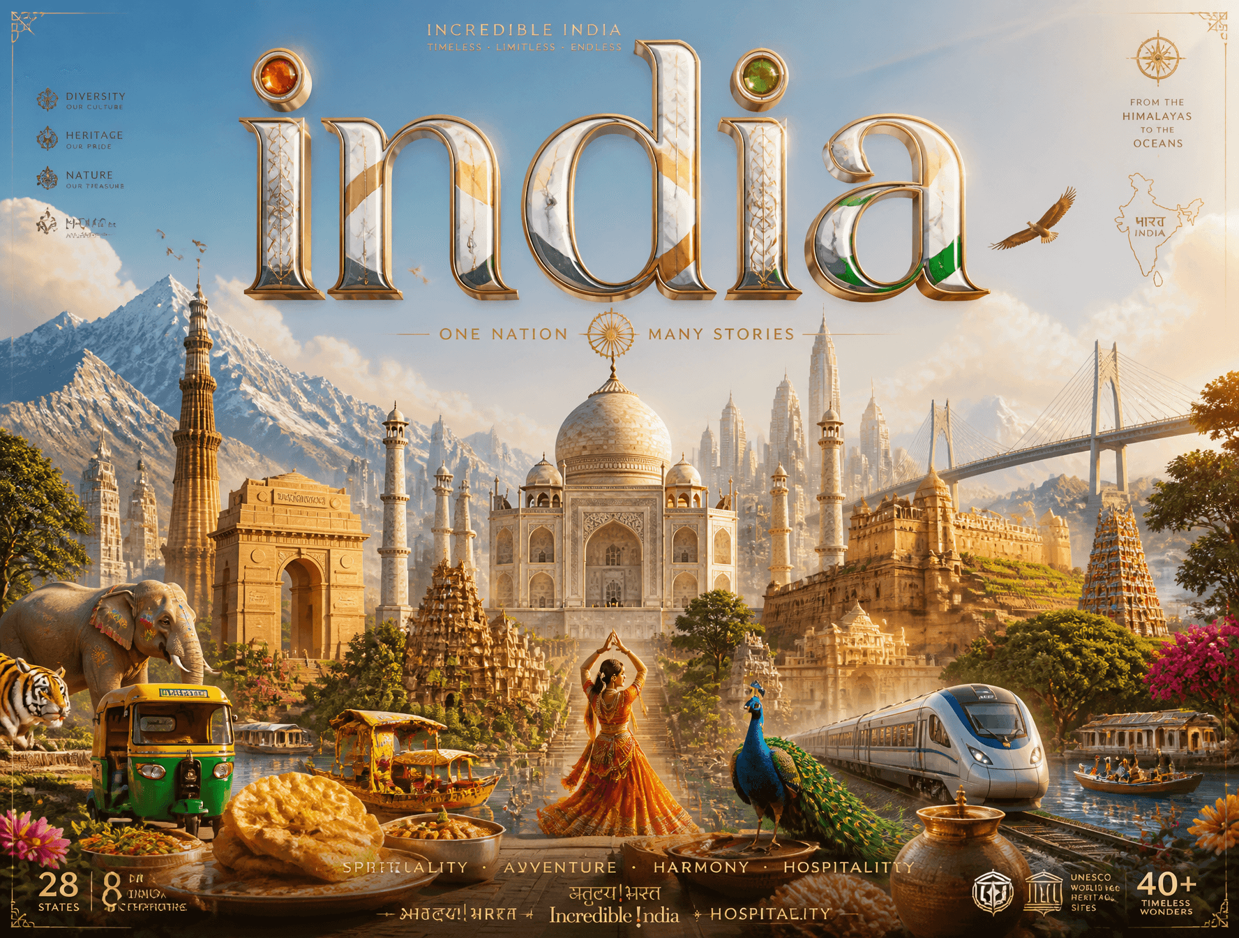 Ultra-premium cinematic 3D travel poster for [INDIA], bright