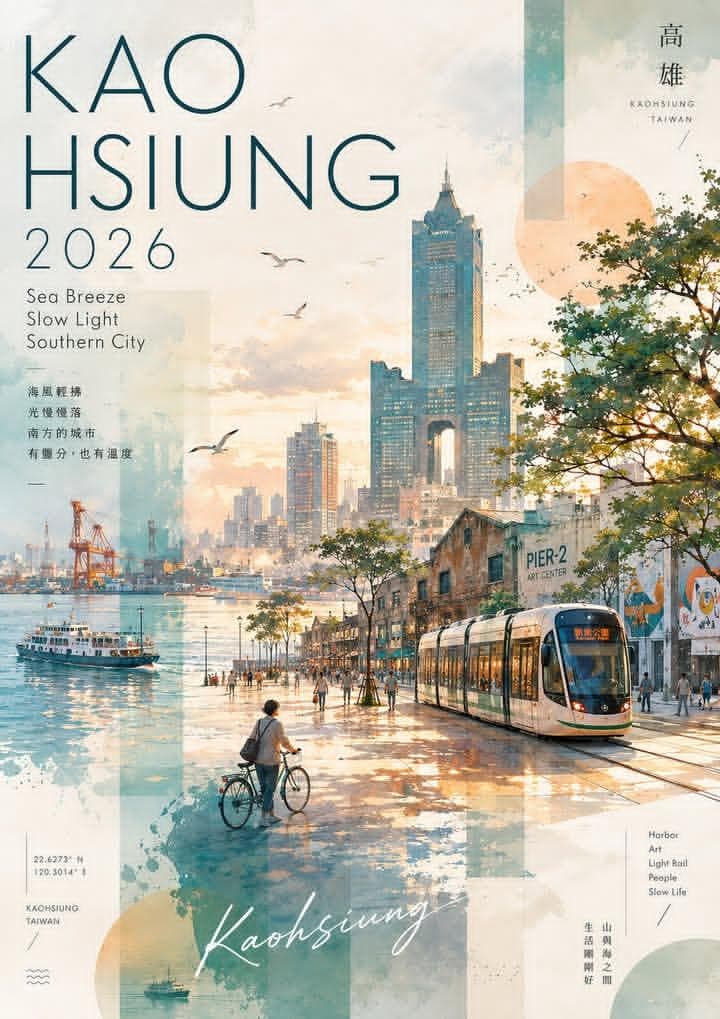 Watercolor and collage travel poster for Kaohsiung, Taiwan,