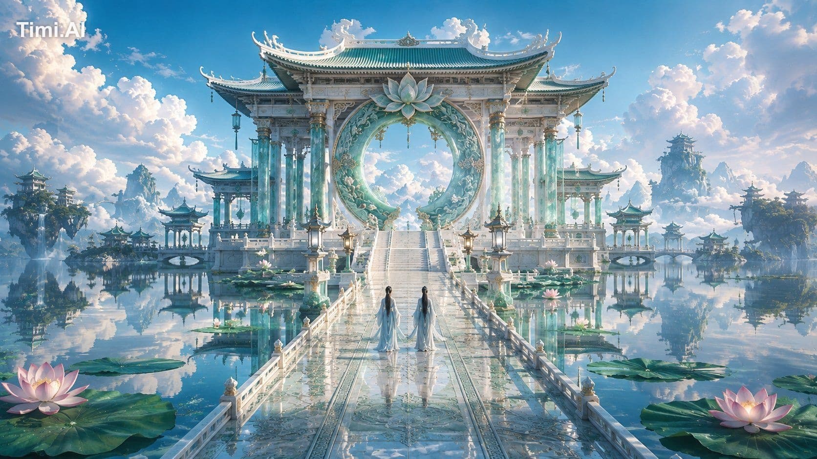 一幅明亮绚丽的东方仙侠电影场景，cinematic ultra-wide shot。

严格单点透视，一条由浅金色玉石铺