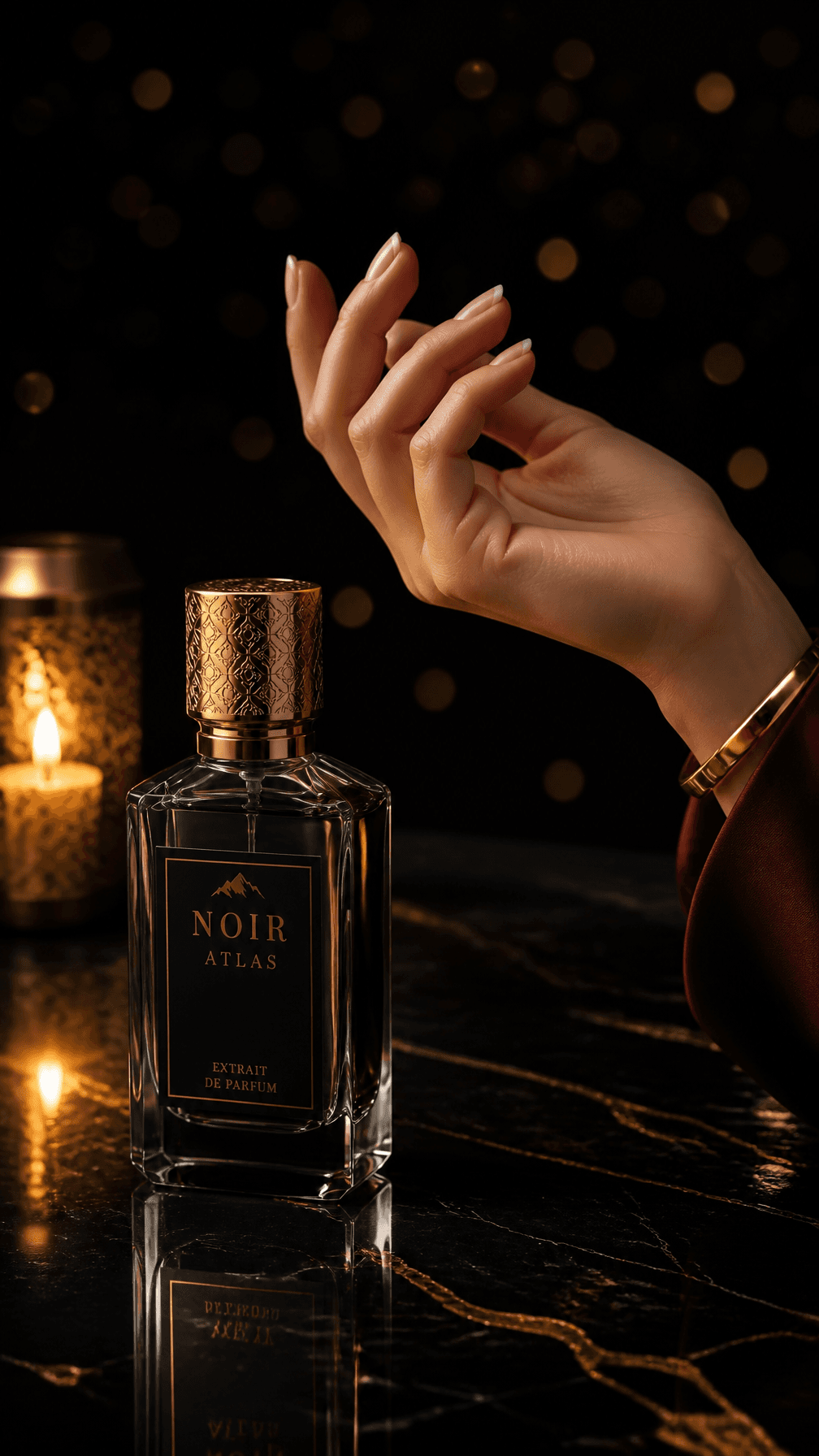 Ultra luxury perfume bottle "Noir Atlas" on black marble sur
