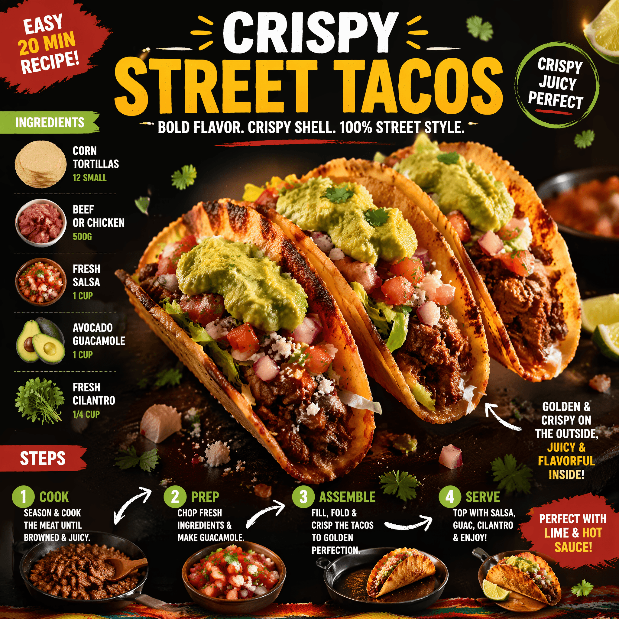 Ultra-viral recipe infographic.
Showcase CRISPY STREET TACOS