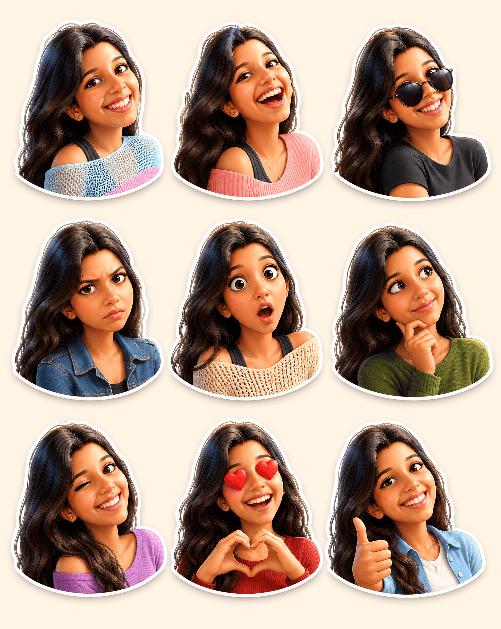 Create a premium Pixar-style 3D character sticker set that i